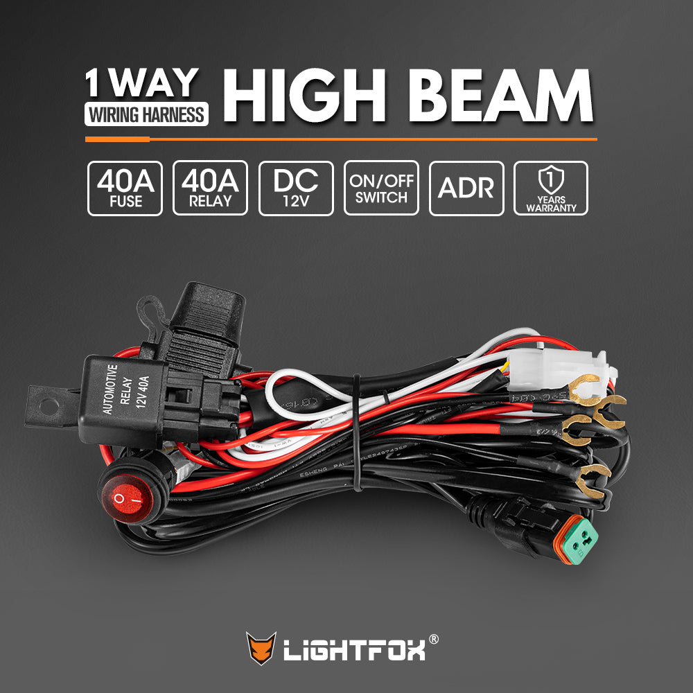Lightfox 1 Way High Beam Wiring Harness w/ DT 2-Pin Connector For LED Light Bar