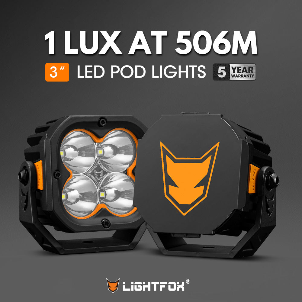 LIGHTFOX Pair 3inch Cygnus-4 Osram LED Pod Lights w/ 3 pin DT Connector 1Lux@506m 7,668LM