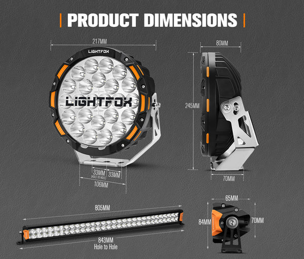 LIGHTFOX OSRAM 9inch LED Driving Lights + 30 inch Dual Row LED Light Bar + Wiring Kit