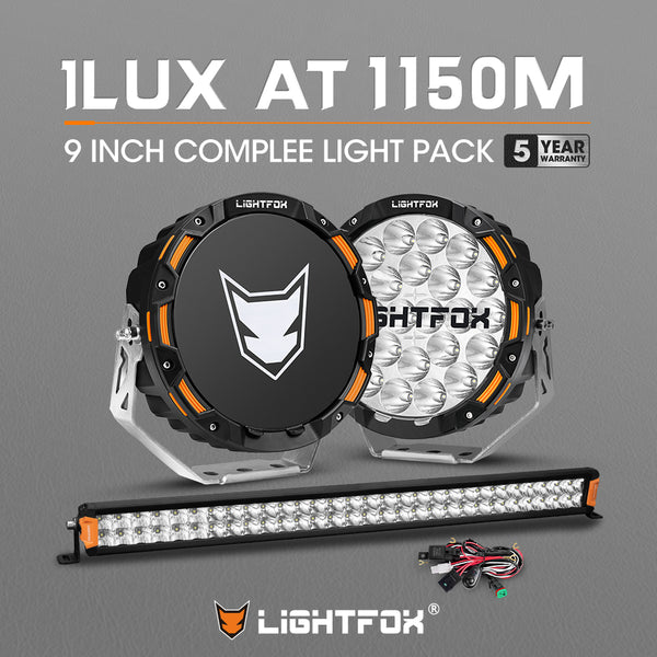 LIGHTFOX OSRAM 9inch LED Driving Lights + 30" Dual Row LED Light Bar + Wiring Kit