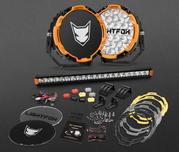 LIGHTFOX Osram 9 inch LED Driving Lights + 20 inch Single Row LED Light Bar w/ Wiring Kit