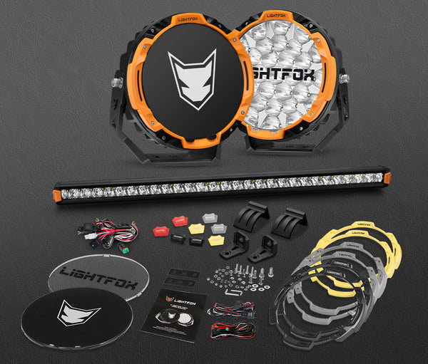 LIGHTFOX Osram 9 inch LED Driving Lights + 28 inch Single Row LED Light Bar w/ Wiring Kit