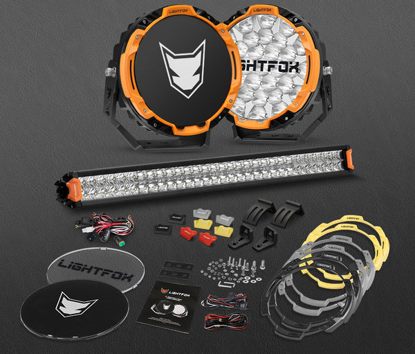 LIGHTFOX Osram 9 inch LED Driving Lights + 30 inch Dual Row LED Light Bar w/ Wiring Kit