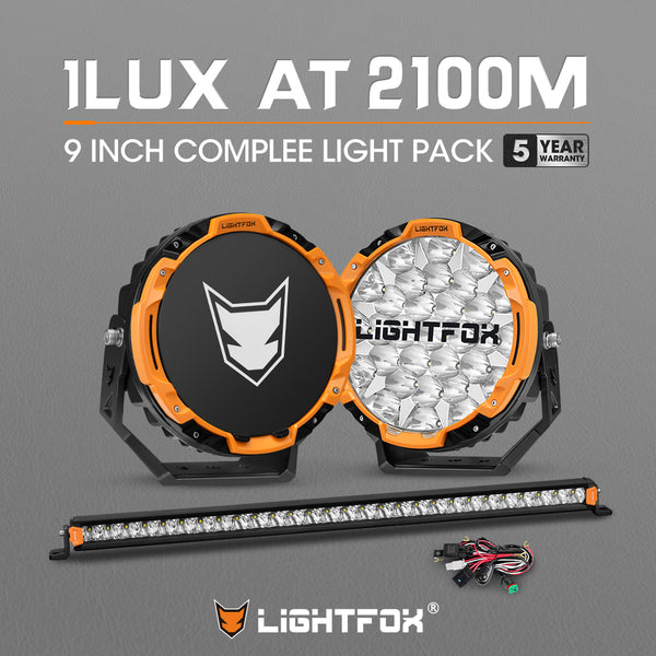 LIGHTFOX Osram 9 inch LED Driving Lights + 28 inch Single Row LED Light Bar w/ Wiring Kit