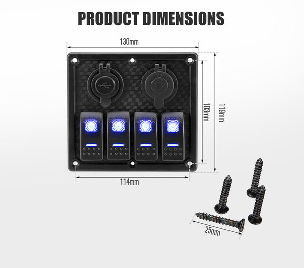 4 Gang Rocker Switch Panel ON-OFF Toggle Blue LED Dual USB 12V