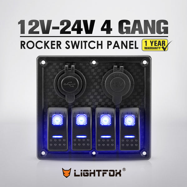 4 Gang Rocker Switch Panel ON-OFF Toggle Blue LED Dual USB 12V