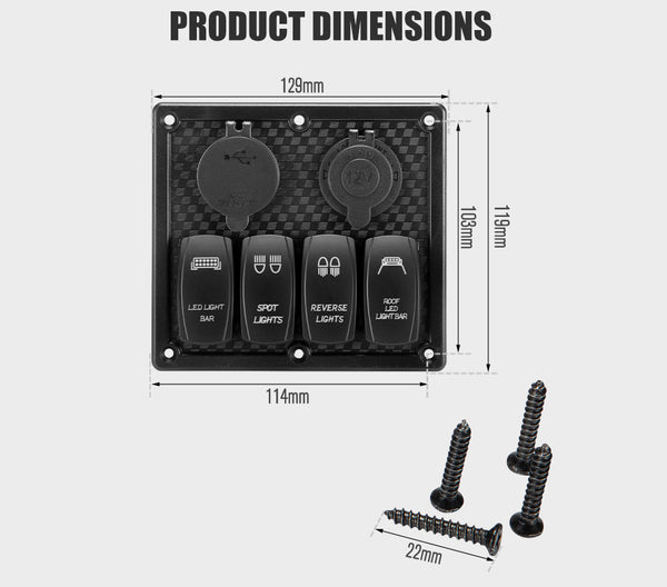 3 Gang Rocker Switch Panel ON-OFF Toggle Voltmeter USB C Type Charger 12V 24V